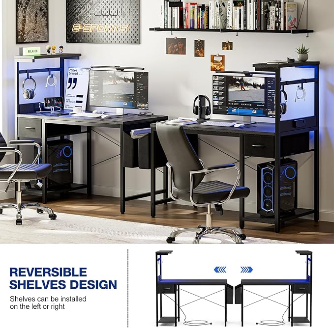Gaming Desk 47 Inch with Power Outlet and LED Light, Computer Desk with Reversible Shelves and Storage Drawer, Pc Small Desk for Home Office Table with Bag, Carbon Fiber Black