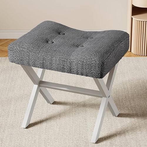 18-Inch Large Vanity Stool Chair, Vanity Bench with Metal X-Legs, Ottoman Foot Stool with Breathable and Soft Boucle Fabric Saddle Seat, Grey