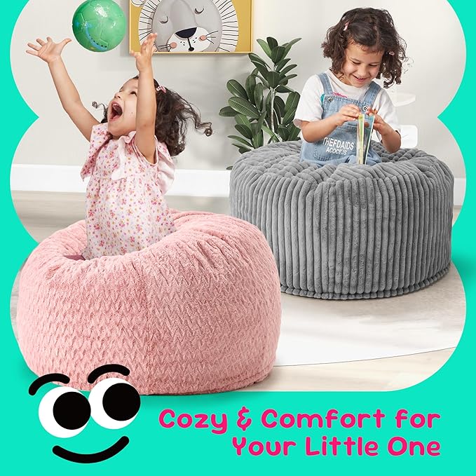 Hobestluk Bean Bag Chairs 2.5FT Bean Bag Chair with Memory Foam Filled & Chevron Plush Fur Cover Small Bean Bag Chairs for Playroom, Living Room, Bedroom (Pink)