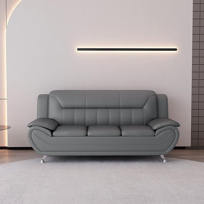 Container Furniture Direct Michael Modern Faux Leather Upholstered Stainless Steel Legs Living Room Sofa, Chair, Gray