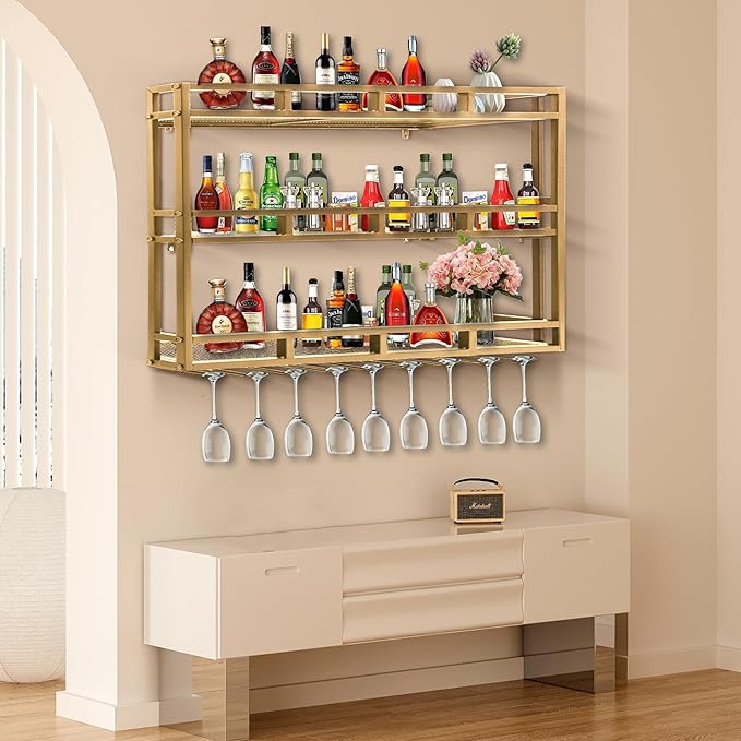 Metal Wine Rack Wall Mounted, Bar Shelves for Liquor Bottles with LED Light, 3 Tier Large Capacity Liquor Rack Wall Mounted with Glass Holder for Home Bar & Dining Room （Gold, 59in/150cm）