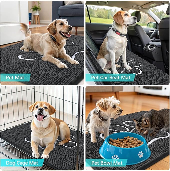 OLANLY Door Mat for Muddy Dog Paws 59x35, Ultra Absorbent Chenille Mud Doormat with Paw Print Design, Non-Slip Washable Doormat for Indoor Entryway, Quick-Dry Pet Bed Mats for Dirty Dogs, Dark Grey