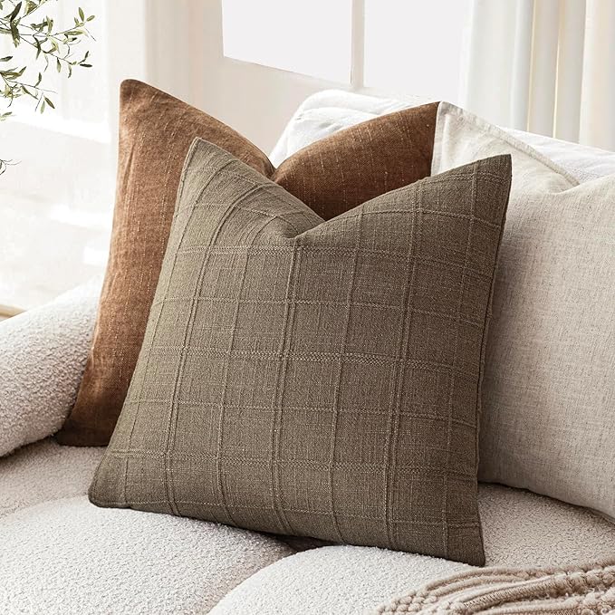 Foindtower Set of 2 Decorative Linen Check Throw Pillow Covers Neutral Farmhouse Vintage Cushion Covers Modern Boho Home Decor for Sofa Chair Couch Bedroom Living Room Outdoor,24×24 Inch,Light Brown