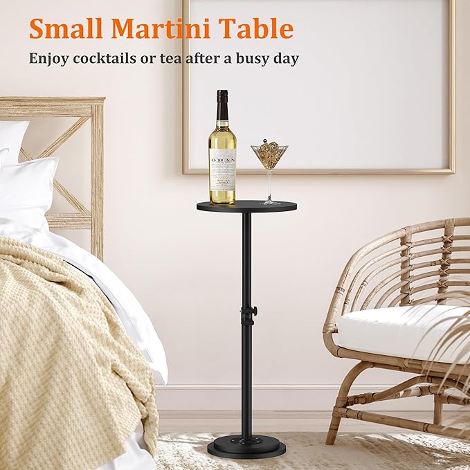 2Pack Drink Table, Small Round Side Table - 360° Swivel Height Adjustable for Small Spaces, Pedestal Martini for Sofa Couch, Living Room, Bedroom, Black