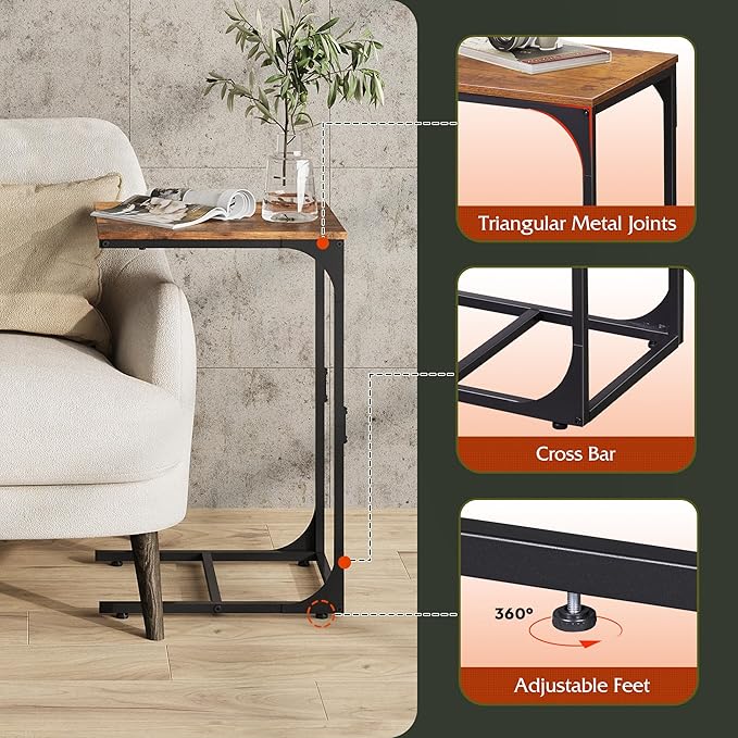 WLIVE C-Shaped End Table Set of 2, Small Couch Side Tables with Metal Frame, Sofa Table TV Tray for Living Room, Bedroom, Rustic Brown