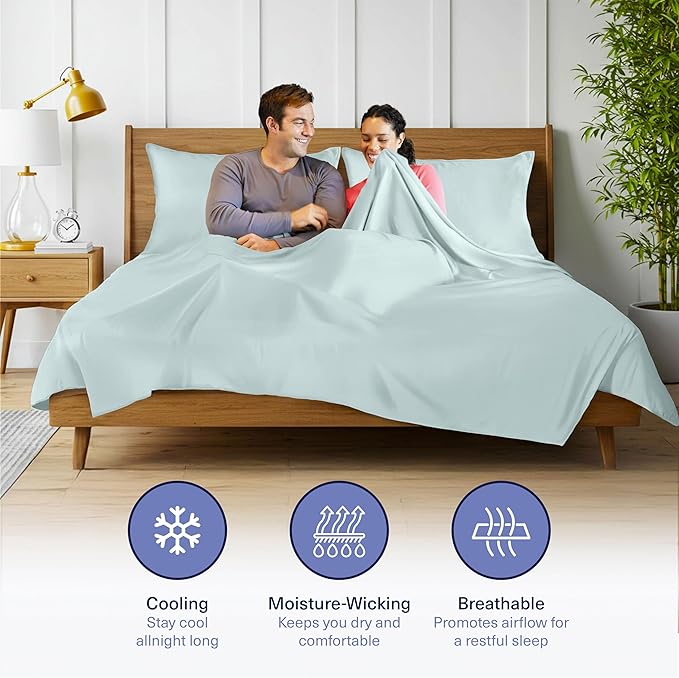 Kickoff Viscose Bamboo Sheets Queen Size 4-pc 100% Organic Bamboo Viscose Bed Cooling Sheets Queen Size Set Cool Bedding for hot Sleepers Sheet, Flat, Fitted, Pillowcases (Coastal Blue, Q)