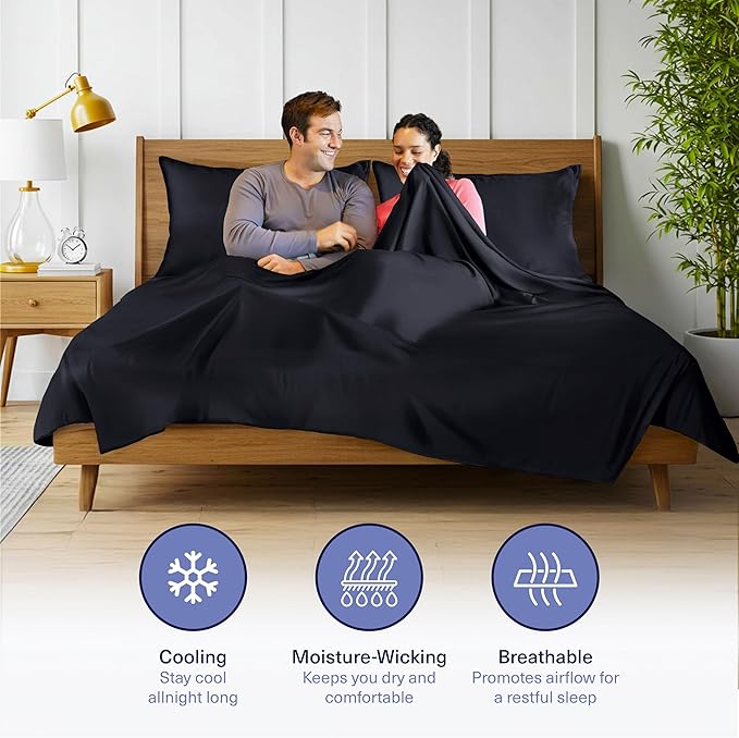 Kickoff Viscose Bamboo Sheets Twin Size 3-pc 100% Organic Bamboo Viscose Bed Cooling Sheets Twin Size Set Cool Bedding for hot Sleepers Sheet, Flat, Fitted, Pillowcase (Onyx Black, T)