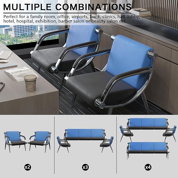 wonline 4 Seat Waiting Room Chair with Armrest PU Leather Office Furniture, Office Guest Seating Lobby Conference Reception Chairs for Airport Clinic Hospital Bank Salon Barber(Blue&Black)