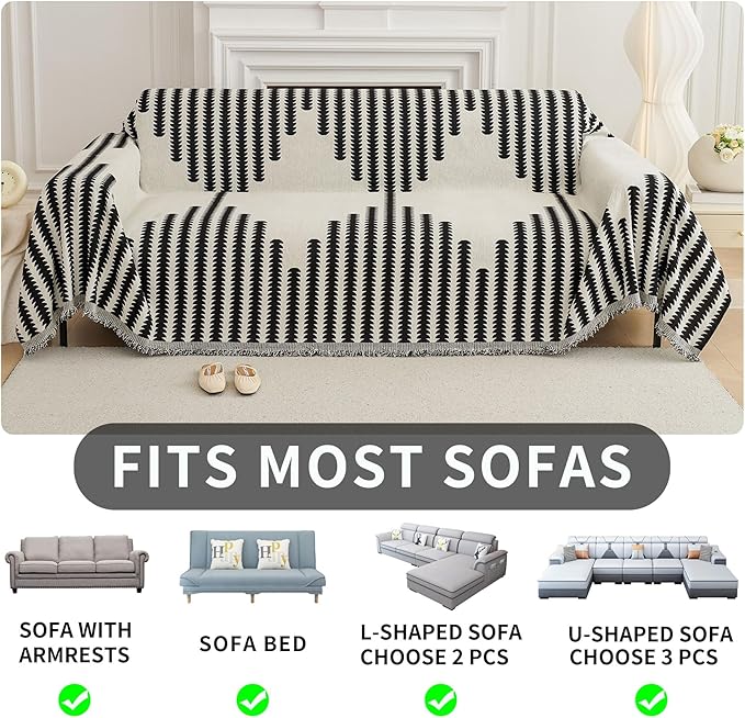 HAOMAIJIA Boho Sofa Covers for 2 Cushion Couch - Pet Friendly Soft Thick Non Slip Cover for Dogs - Washable Sectional L Shape Furniture Protector (Black, 71"x102")