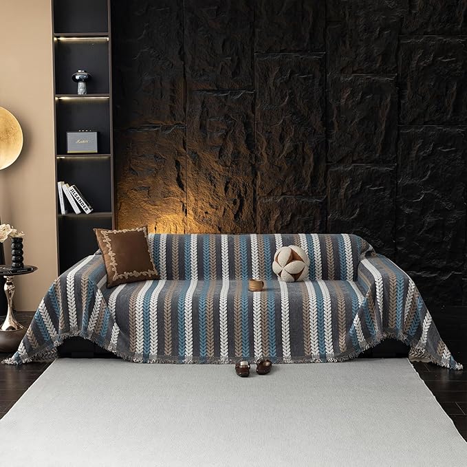 STACYPIK Boho Jacquard Leaves Sofa Cover, Blue Geometric Couch Cover for Dog, Washable Furniture Protector for 3 Cushion Couch, Non Slip Sectional Cover for Loveseat, L Shape Sofa Slipcovers-71X150IN