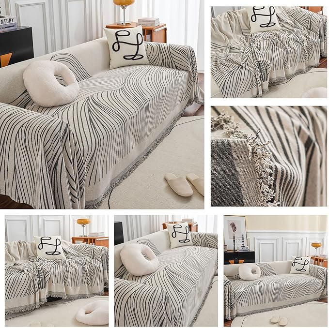 STACYPIK Stylish Striped Sofa Cover for Dogs, Non-Slip Boho Couch Cover for Sectional, Pet-Friendly Furniture Covers for 2 Cushion Couch, Abstract Jacquard Loveaseat Cover Sofa Throw Blanket-71x118IN