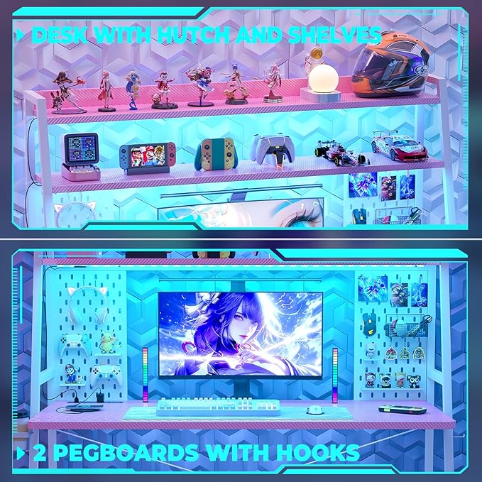 Gaming Desk with Hutch and LED Lights, Gaming Computer Desk with Power Outlets, Gamer Desk with Storage Shelves, PC Game Desk with Pegboards for Bedroom, Carbon Fiber Pink, 49"