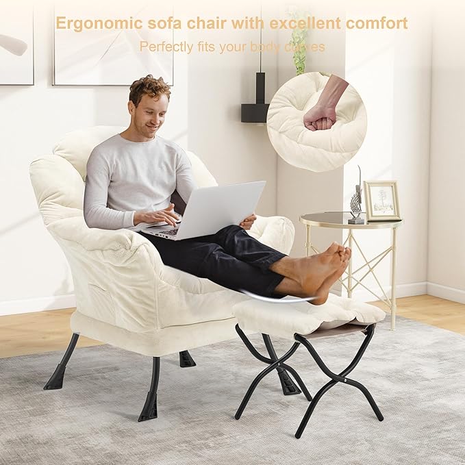 Fabric Lazy Chair with Ottoman, Oversized Upholstered Sofa Chair for Adults, Plush Comfy Lounge Chair with Large Side Storage Pocket, Reading Chair for Living Room, Bedroom, Study Room, Beige