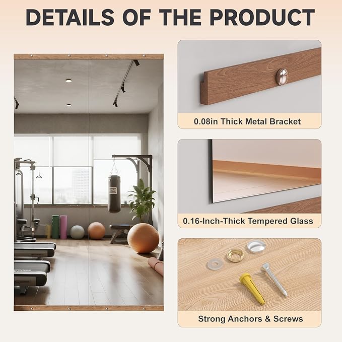 Hasipu 3Pcs 55''x20'' Home Gym Mirror Large Full Length Wall Mounted Full Body Mirror for Yoga Dance Fitness Exercise Studio Bedroom Garage, Frameless Tempered Glass Workout Mirrors Walnut Rectangular