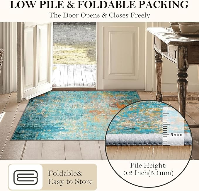 Washable Area Rugs 2'x8' Non-Slip Modern Abstract Soft for Living Room Entryway Bedroom Nursery, Print Pattern, Teal Blue Green Orange Rust Red Colorful