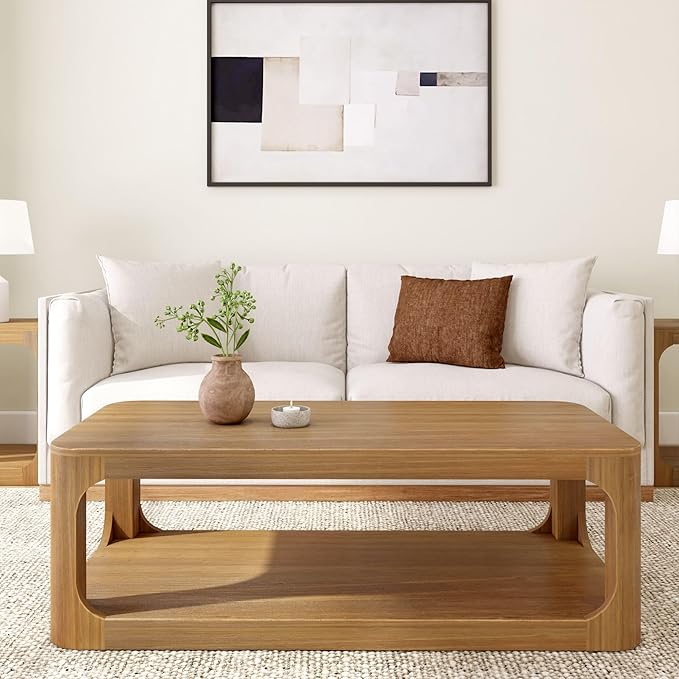 Plank+Beam Forma Coffee Table, 54 Inch Modern Coffee Table with Shelf, Contemporary Center Table with Storage Space, Rectangle Tea Table with Storage, Pecan