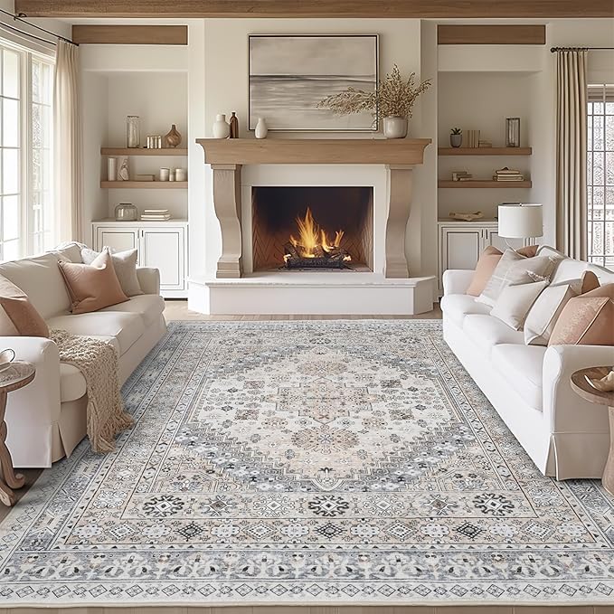 zesthome 7x9 Area Rug, Super Soft Washable Rugs for Living Room, Non-Slip Stain Resistant Vintage Rugs, Ultra-Thin Large Area Rugs (Beige,7'x9')