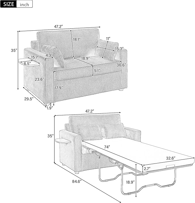 Twin Size Sofa Bed 47.2" Sleeper Sofa Loveseat Sofa with a Foldable Mattress, a Foldable Side Table, a Side Storage Pocket and Two USB Ports for Living Room, Gray