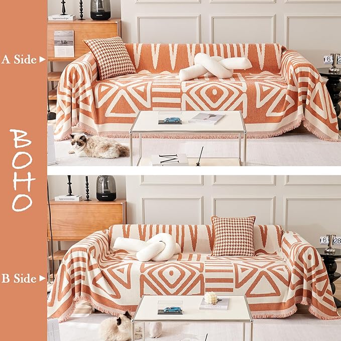 HANDONTIME Orange Sofa Covers for Couch Loveseat Covers Soft Chenille Couch Cover for Dogs Washable Furniture Protector with Tassel Solid Pet Couch Protector Thick, 71/'' X150/'', Tassel:orange