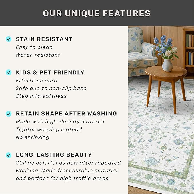 Oushak Runner 2x10 Hallway Rug - Floral Pastel Boho, Washable Low Pile Non Slip Extra Long Runner Rugs for Kitchen, Hall Way - Cream Blue and Green