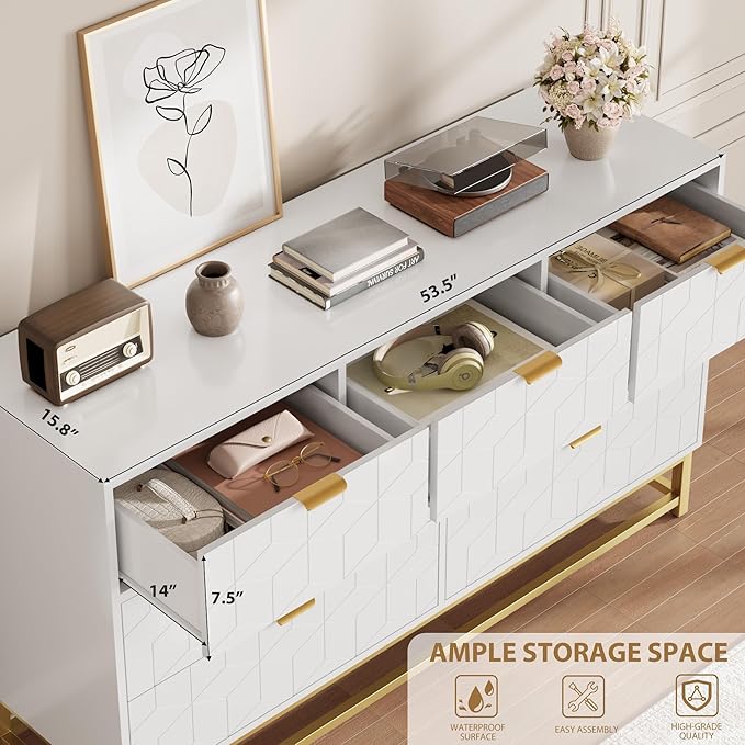 Dresser for Bedroom, 53.5" Wide Dresser Organizer, 7 Drawer with Golden Metal Handle and Legs, Modern Chest of Drawers for Closet, Hallway, Living Room, Entryway, White