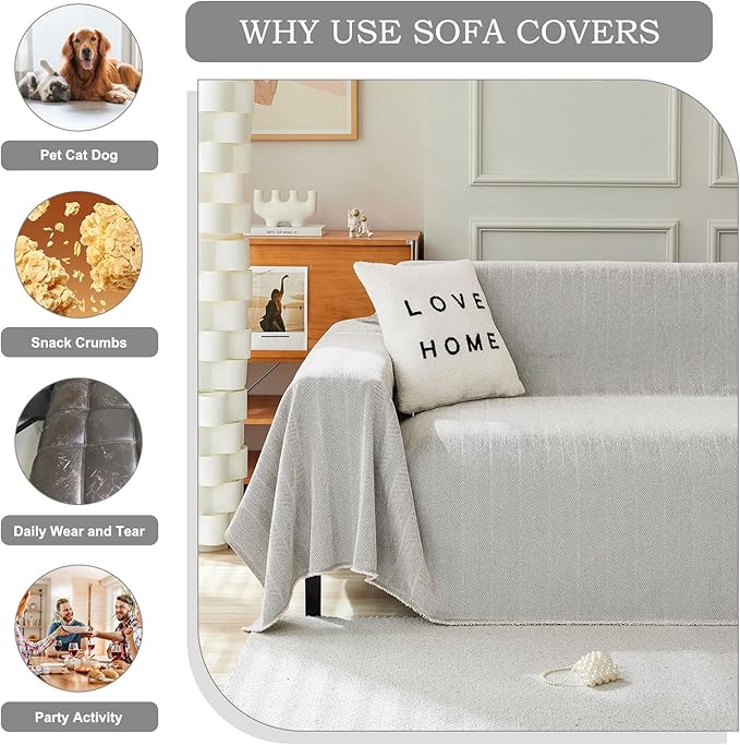 STACYPIK Soft Silver Gray Sofa Cover, Herringbone Couch Cover for Sectional, Pet Friendly Couch Protector for 3 Cushion Couch, Washable Chenille Sofa Covers for L-Shaped, Multi-Use Blankets-91X118IN