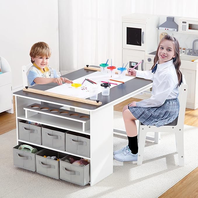 4 In 1 Kids Art Table and Chair Set,Toddler Craft Large Storage Desk with Portable Art Supply Organizer, Drawing Desk, Kids Activity and Study Table, Activity & Crafts for Children Wooden Furniture