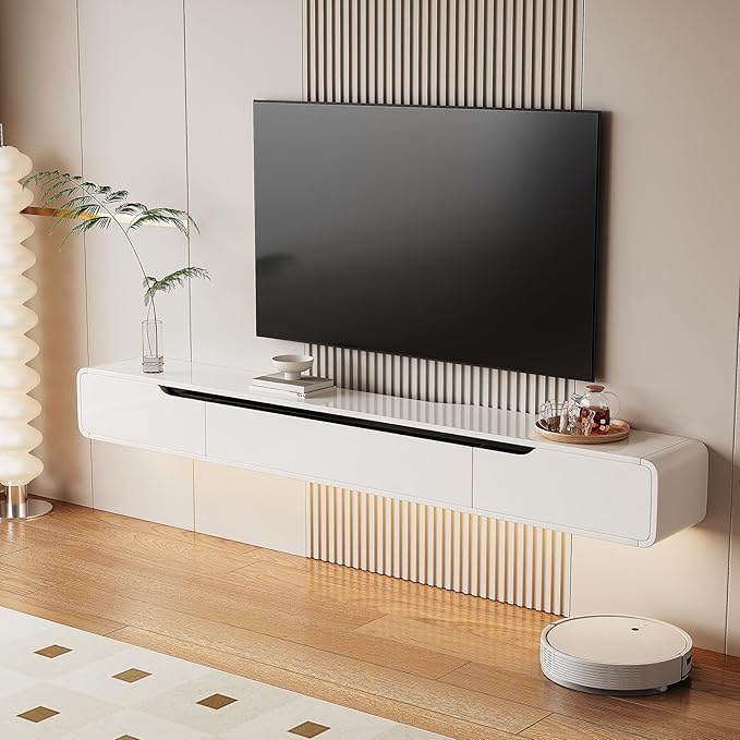 High Gloss Floating TV Stand with 3 Doors,86'' Wall Mounted TV Cabinet,Under TV Console,Floating Media Shelft for Bedroom Living Room(White)