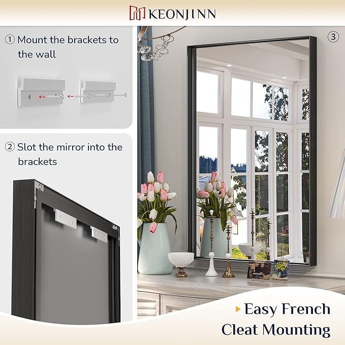 Keonjinn Black Bathroom Mirror 60 x 30 Inch, Large Matte Black Rectangular Wall Mirror for Bathroom Sink, Metal Frame Farmhouse Mirrors, Wall-Mounted Vaniy Mirrors(Horizontal/Vertical)