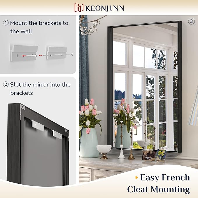 Keonjinn 60 x 36 Inch Black Bathroom Mirrors for Over Sink, Large Metal Framed Rectangle Vanity Mirror for Wall, Matte Black, Square Corner, Oversized, Sturdy & Solid(Horizontal/Vertical)
