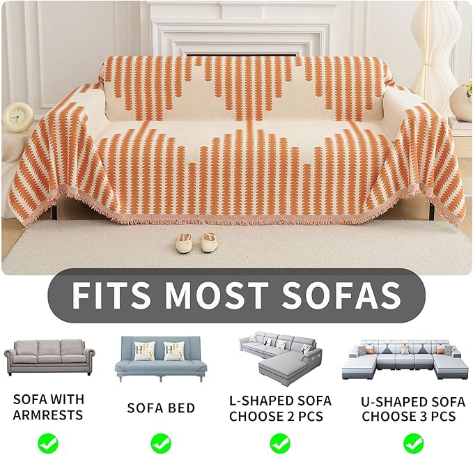 HAOMAIJIA Boho Sofa Covers Couch Covers for 3 Cushion Couch Sofa Pet Friendly Soft Thick Non Slip Couch Cover for Dogs Washable Sectional Couch Covers L Shape Furniture Protector (Orange, 71"x118")
