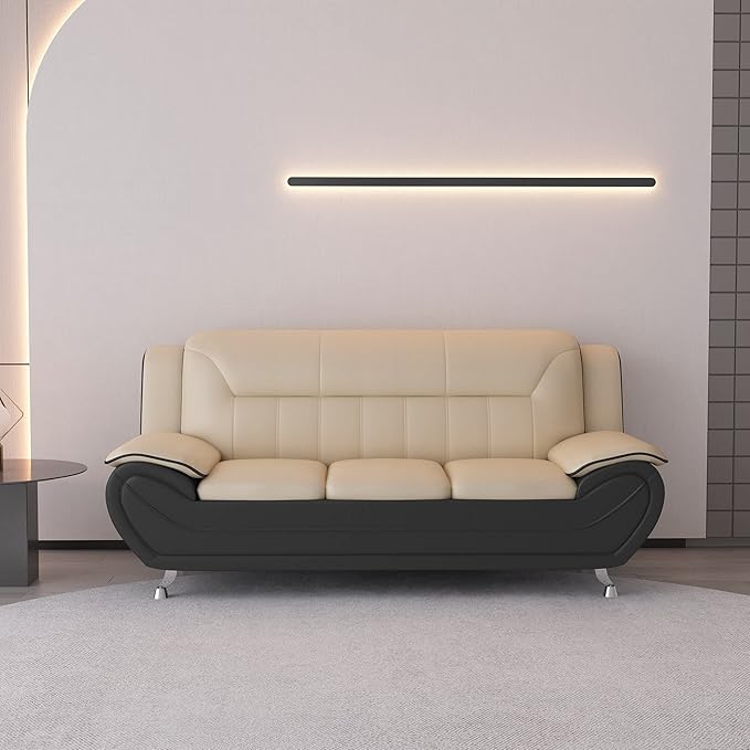 Container Furniture Direct Michael Modern Faux Leather Upholstered Stainless Steel Legs Living Room Sofa, Loveseat, Camel/Black