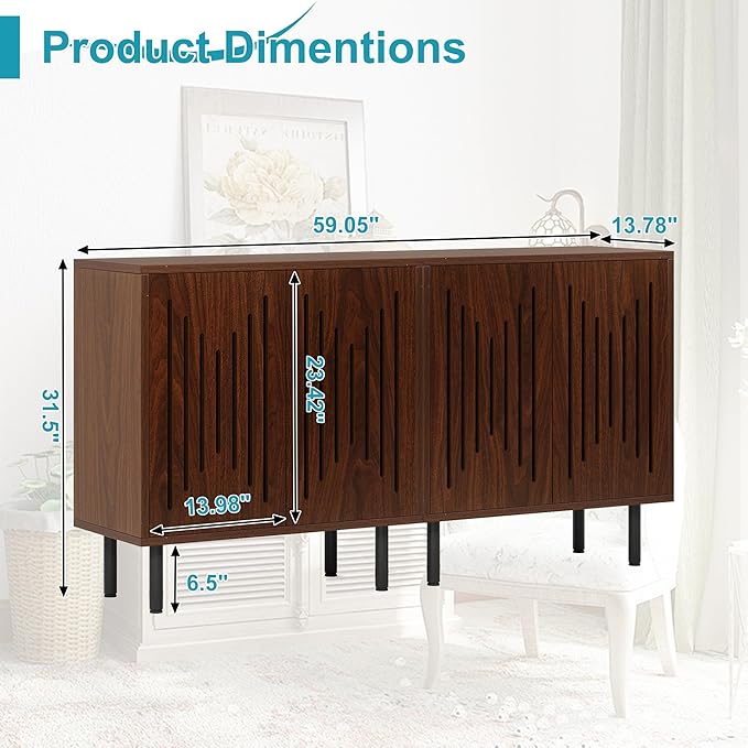 59" Sideboard Buffet Cabinet with Storage, Kitchen Buffet Storage Cabinet Set of 2, Modern Sideboard with Doors & Adjustable Shelves for Living Room, Kitchen, Hallway, Dark Walnut