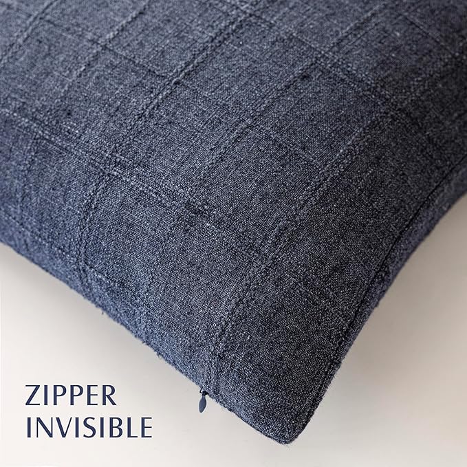 Foindtower Set of 2 Decorative Linen Check Throw Pillow Covers Neutral Farmhouse Vintage Cushion Covers Modern Boho Home Decor for Sofa Chair Couch Bedroom Living Room Outdoor,16×16 Inch,Navy Blue