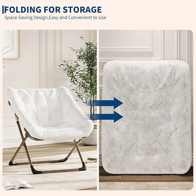 Comfy Chair for Adults, Foldable Living Room Chairs, Soft Faux Fur Folding Lounge for Bedroom Living Room Dorm Rooms, Flexible Reading Chair for Teens (1, White, X-Large)