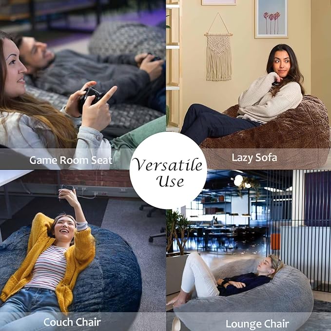 BCU Oversized Bean Bag Cover Comfy Beanbag Chair for Adults Without Filler Faux Fur Lazy Sofa Cover for Living Room Chairs, Purple, 5FT