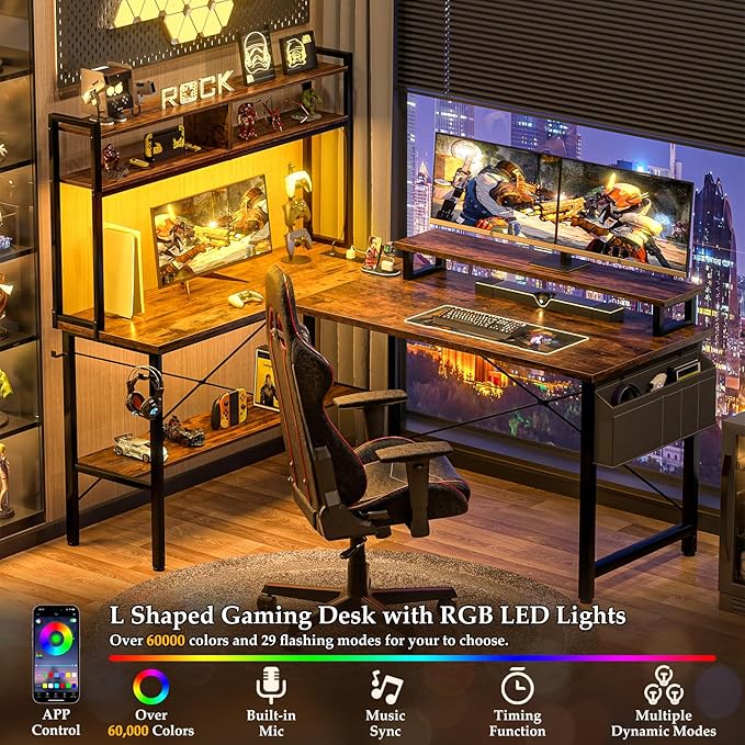 Aheaplus L Shaped Gaming Desk with Power Outlets & LED Lights, Small L-Shaped Desk Computer Corner Desk with Monitor Stand & Storage Shelf, Home Office Desk Writing Desk with Storage Bag, Rustic Brown