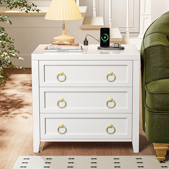 Huuger Paint Night Stand with Charger Station and USB-C Port, 3 Drawer Nightstands Set of 2, Larger Wider Bedside Table, Modern End Table, for Bedroom, White Nightstand