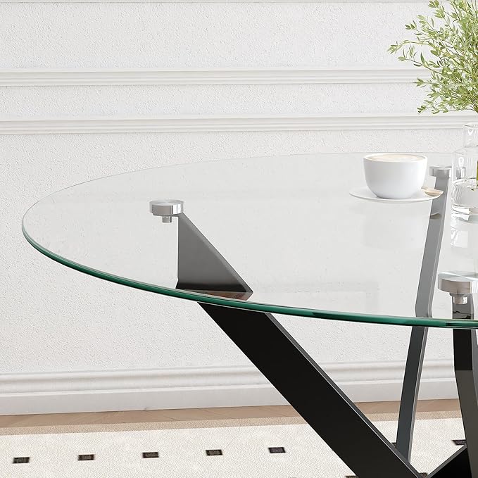 Glass Dining Table Modern Kitchen Table with Black Metal Legs 32 Inch Small Round Dining Table for Apartment Kitchen Dining Room