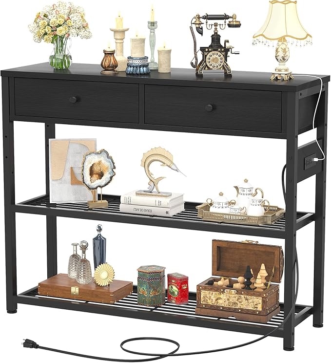 Ecoprsio Entryway Table with Outlets and USB Ports, Console Table with 2 Drawers, Small Sofa Table with Storage Shelves for Living Room, Couch, Hallway, Foyer, Kitchen Counter, 32'', Black