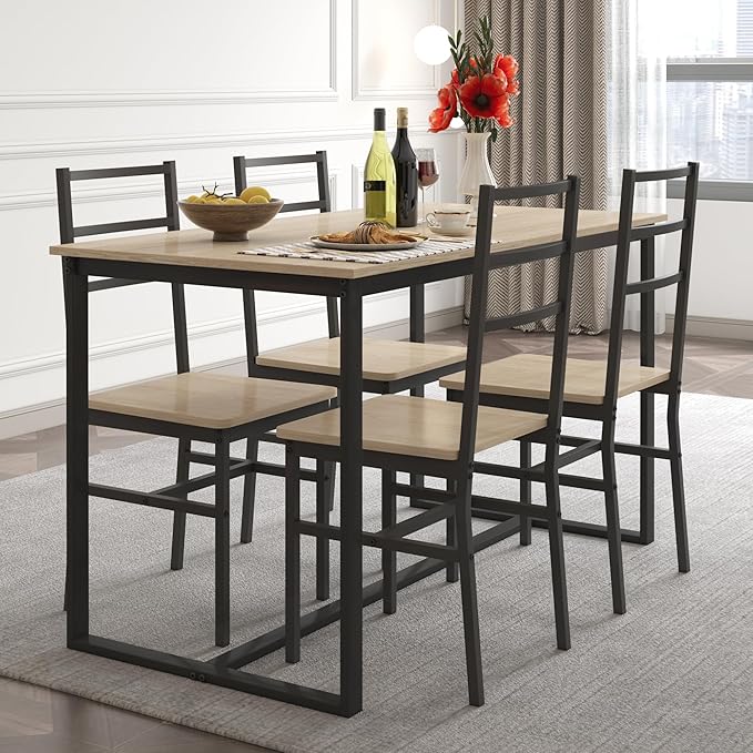 Ball & Cast 5 Pieces Dining Table Set with 4 Chairs,Kitchen Table and Chairs for 4 W/ 47.2" Rectangle Desk,Living Room Furniture W/Backrest,for Small Space,Beige