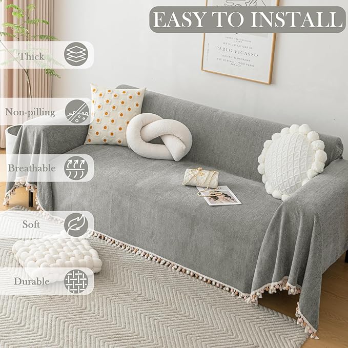 HANDONTIME Dark Grey Slipcover for Sofas - Boho Pet Couch Protector With Tassel - Chenille Herringbone Cover for 2-3 Seat Sofa - 91" X 134"