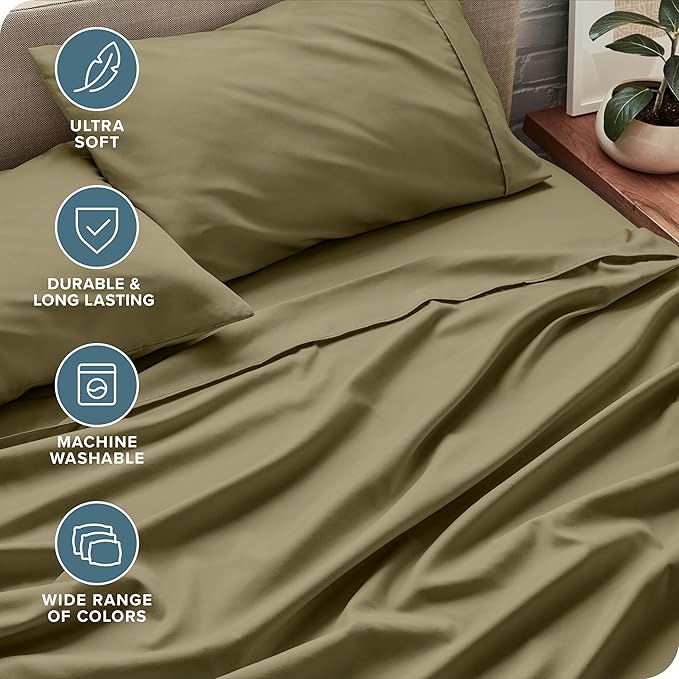 Bare Home Split Head Flex King Sheet Set - 1800 Ultra-Soft Microfiber Bed Sheets - Double Brushed - Deep Pockets - Easy Fit - 4 Piece Set - FlexTop King Bedding Sheets (Split Head Flex King, Olive)