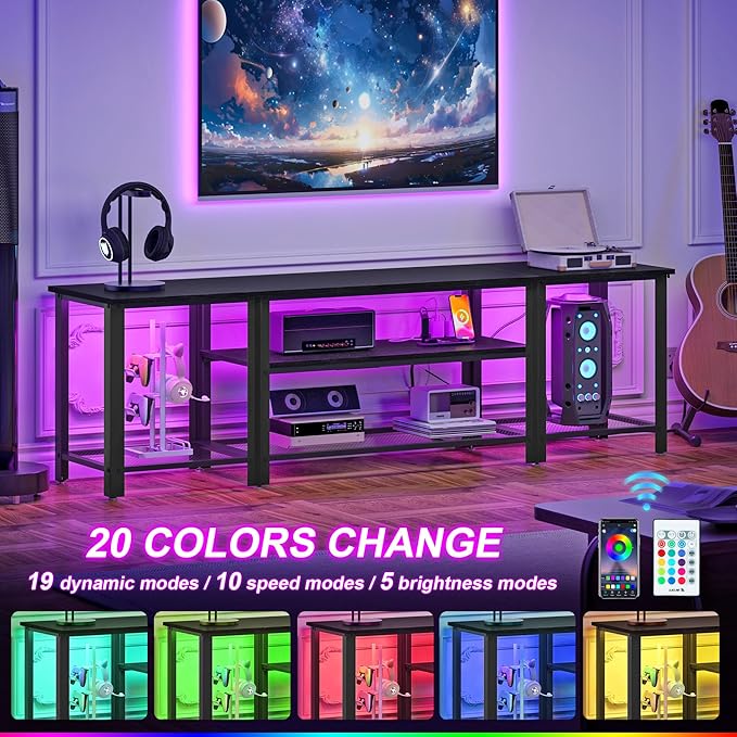 WelFurGeer Industrial Metal TV Stands with RGB LED Lights & Built-in Power Outlets - Modern TV Entertainment Center for Living Room, Open Grid Design TV Console with Storage (Black)