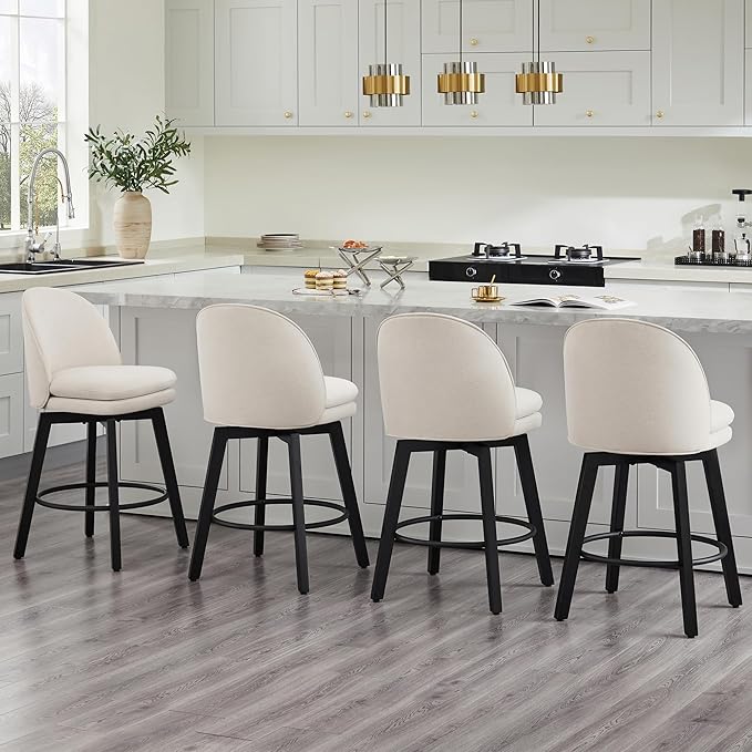 Counter Height Barstools 26 inch Upholstered Swivel Bar Stools with Back and Wood Legs for Kitchen Island,Set of 2,Beige Fabric-Armless