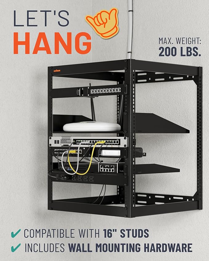 ECHOGEAR 15U Open Frame Rack for Servers & AV Gear - Wall Mountable Design Includes 2X Vented Shelves, 25x Rack Mounting Screws, 4X Leveling Feet, 4X Shelf Stops, & 2X Securement Straps