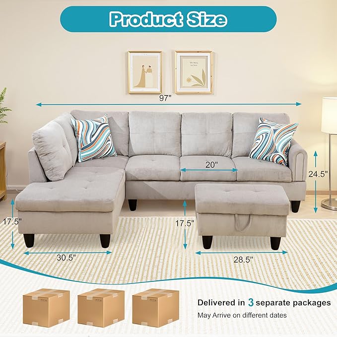 L Shaped Couch Modern Sectional Couch Upholstered Corduroy Fabric 3 Pieces Sofas for Living Room with Chaise, Storage Ottoman for Office and Small Apartment, Grey White