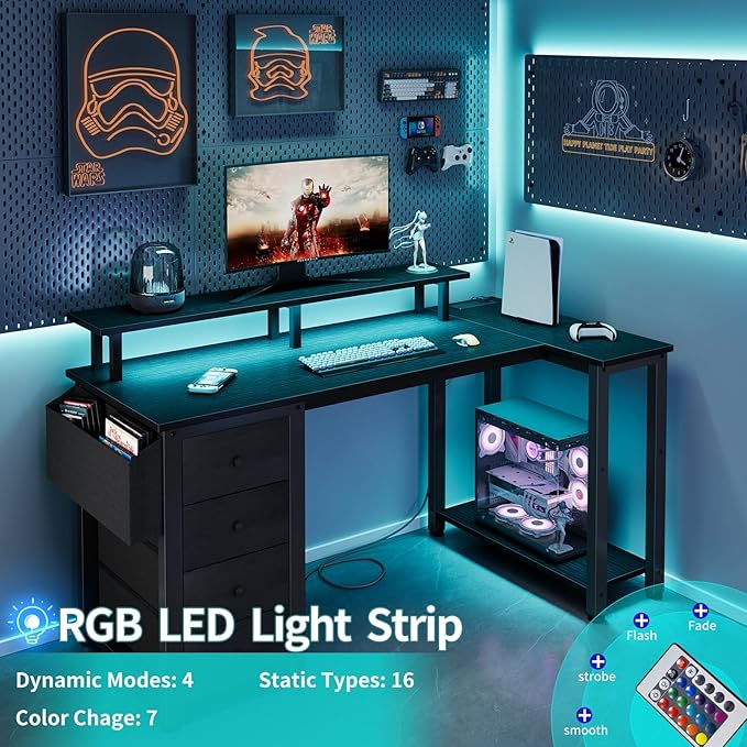 Lufeiya Black L Shaped Desk with Led Lights and Power Outlets, 47 Inch Writing Study Computer Gaming Desks with Fabric Drawers for Bedroom, Home Office Corner Desk with Monitor Stand Shelves, Black