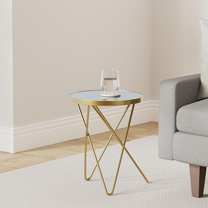 HLR Modern Round Side Table Set of 2, End Table with Marble Effect Top and Gold Metal Frame, Small Side Table for Living Room, Bedroom, Sofa and Couch, Gold Legs, Green Marble top