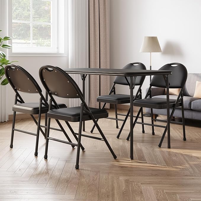 IDEALHOUSE Protable Folding Table and Chairs, 5 Piece Folding Card Table and Chairs Set, Foldable PU Upholstered Table and Chairs Set of 5, for Dining Room, Living Room, Office, Camping, Black